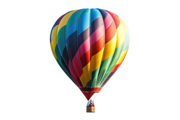 A vibrant hot air balloon ascends into the clear blue sky at dawn, painting the horizon with color isolated on transparent background