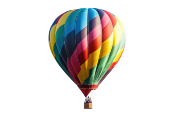 A vibrant hot air balloon ascends into the clear blue sky at dawn, painting the horizon with color isolated on transparent background