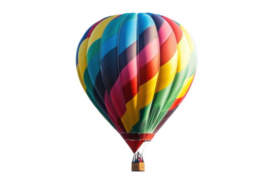 A vibrant hot air balloon ascends into the clear blue sky at dawn, painting the horizon with color isolated on transparent background - Powered by Adobe