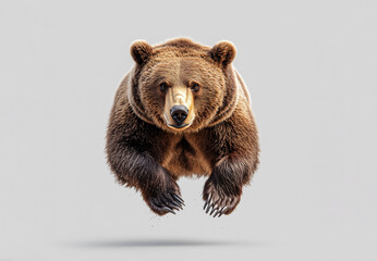 Majestic grizzly bear mid-air, showcasing power, strength, and wilderness on neutral background