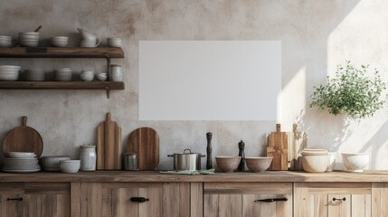 A farmhouse-style kitchen with an open blank wall mock-up, distressed wooden cabinets, and ceramic dishware