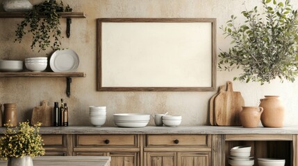 A farmhouse-style kitchen with an open blank wall mock-up, distressed wooden cabinets, and ceramic dishware