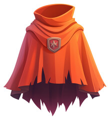 Vibrant orange cloak with a shield emblem designed for a fantasy character isolated on transparent background.