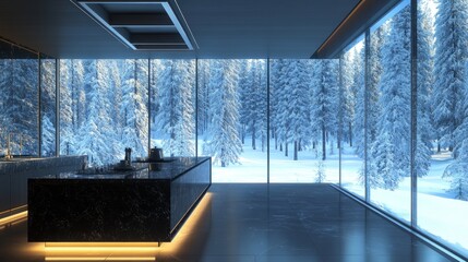 Obraz premium A futuristic kitchen with a black granite island, LED lighting, and floor-to-ceiling windows offering a breathtaking view of a snowy forest