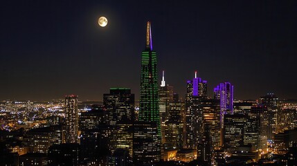 Obraz premium Vibrant city skyline illuminated by colorful lights with a full moon in the night sky