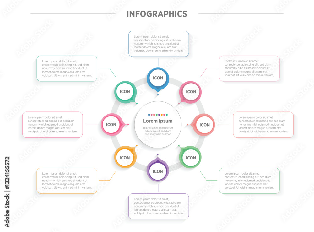 Wall mural business colorful infographics template. 8 steps rounded timeline with options and marketing icons .