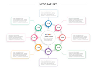 Business Colorful Infographics template. 8 steps rounded timeline with options and marketing icons .Vector rounded infographic with eight circle connected elements. Design can be use for presentation.