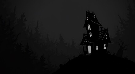 Mysterious House Silhouette Dark Forest Night. AI Generated