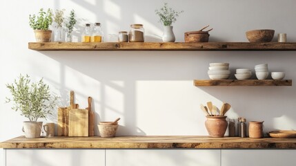 A modern farmhouse kitchen with a blank wall mock-up framed by floating wooden shelves and rustic pottery