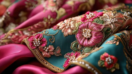 Exquisite Floral Embroidery on Colorful Textiles and Fabrics