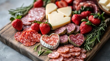Exquisite Charcuterie Board: Salami, Cheese, and Strawberries. A vibrant display of flavors and textures, perfect for culinary enthusiasts and gourmet lovers.