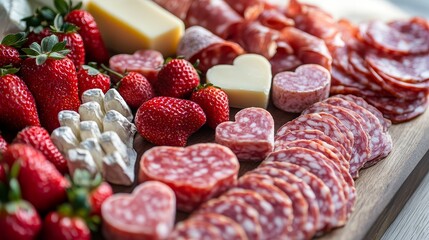 Exquisite Charcuterie Board: Heart-Shaped Salami, Strawberries, and Cheese - A Romantic Culinary Delight for Celebrations and Gourmet Snacking