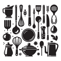 kitchen utensils set icon black silhouette vector on white background.
