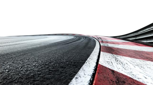 "A sharp bend on a race track with deep skid marks carved into the surface, isolated on transparent background, evoking the excitement of a high-speed race.