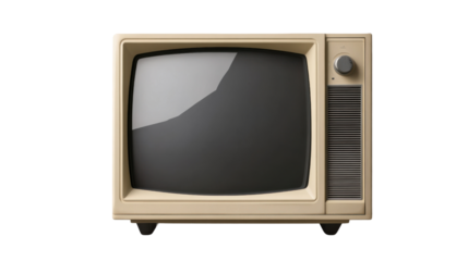 A single large retro TV box, cut out and isolated on a transparent background, featuring a bulky CRT screen and vintage metallic details, evoking the 1980s era