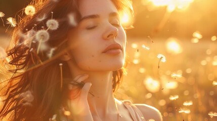 Sunset Serenity: A Boho - Style Beauty in Meditation Among Blowing Dandelion Seeds