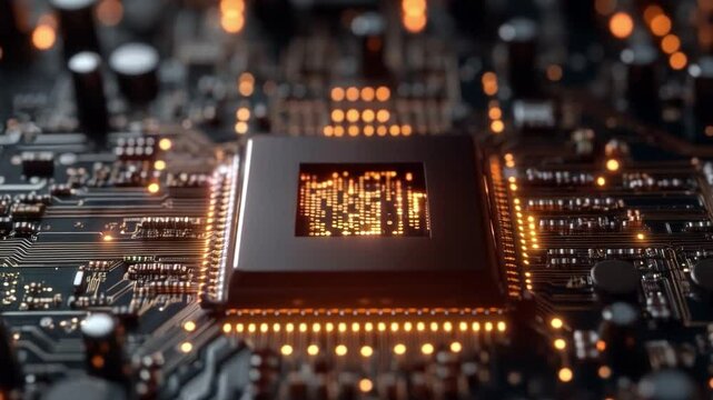 An intricate quantum processor is shown with glowing qubits and circuits, illustrating the complex interactions of quantum states, entanglement, and superposition crucial for advanced computing.