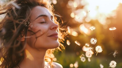 Sunset Serenity: A Boho - Style Beauty in Meditation Among Blowing Dandelion Seeds