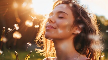 Sunset Serenity: A Boho - Style Beauty in Meditation Among Blowing Dandelion Seeds