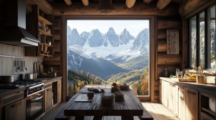 A rustic mountain retreat kitchen with exposed log walls, a large wooden table, and a breathtaking view of the peaks