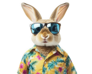 bunny wearing Hawaiian shirt and sunglasses, exuding fun and relaxed vibe. This playful character is perfect for summer themed designs or playful illustrations