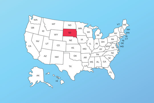 south dakota vector map isolated on United states map. Editable blank vector map of USA