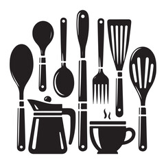kitchen utensils set icon black silhouette vector on white background.