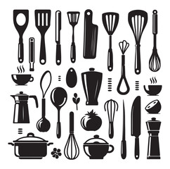 kitchen utensils set icon black silhouette vector on white background.