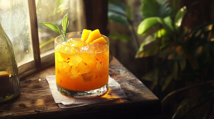 Refreshing mango cocktail drink with ice cubes and herbs in glass bar food cold tasty juice fruit