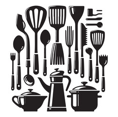 kitchen utensils set icon black silhouette vector on white background.