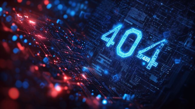 A futuristic digital background featuring a glowing 404 error code with blue and red lights.