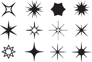  Sparkle star Black Icons on white background. blinking stars, sparks and sparkles. Shining twinkle sunburst stars. Magic light glitter flare pack for design template, poster, banner, brochure.