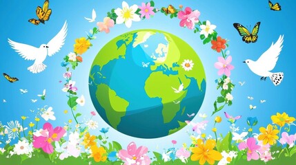 Naklejka premium 2D illustration: conceptual postcard for Earth Day, green ecology and planet conservation, globe surrounded by flowers on blue background