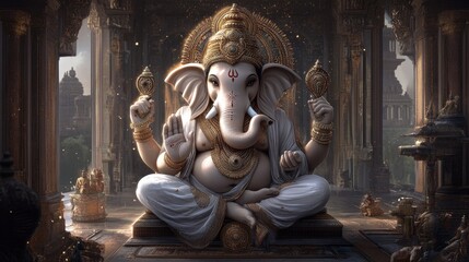 Fototapeta premium Majestic Statue of Ganesha Surrounded by Intricate Temple Architecture
