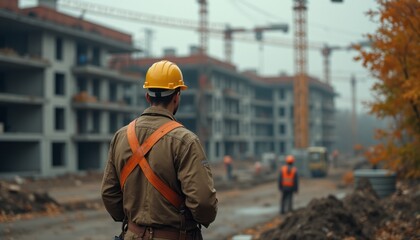 A construction worker in a yellow hard hat and safety gear stands with his back to the camera, observing a bustling construction site. The scene is filled with cranes and workers, embodying the spirit