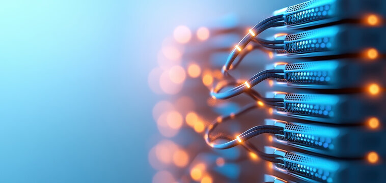 close up view of server racks with glowing lights, showcasing modern cloud computing infrastructure and technology. image conveys sense of innovation and connectivity