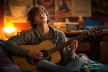 Obraz premium A young man with tousled hair playing an acoustic guitar in a cozy room.
