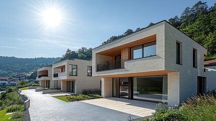 Modern hillside homes, sunny day, forest view, real estate