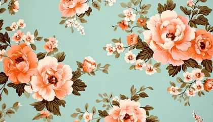 Fotobehang Elegant Floral Pattern with Peach and Coral Blooms on Soft Blue Background © Tracto