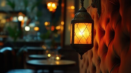 A warm orange glow emanated from an ornate brass lantern, casting a comforting spell on the plush velvet wall of a cozy, inviting interior setting.