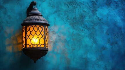 A warm, amber glow emanated from an antique lantern, casting its soft spell upon a deep azure wall, illuminating a cozy indoor space.