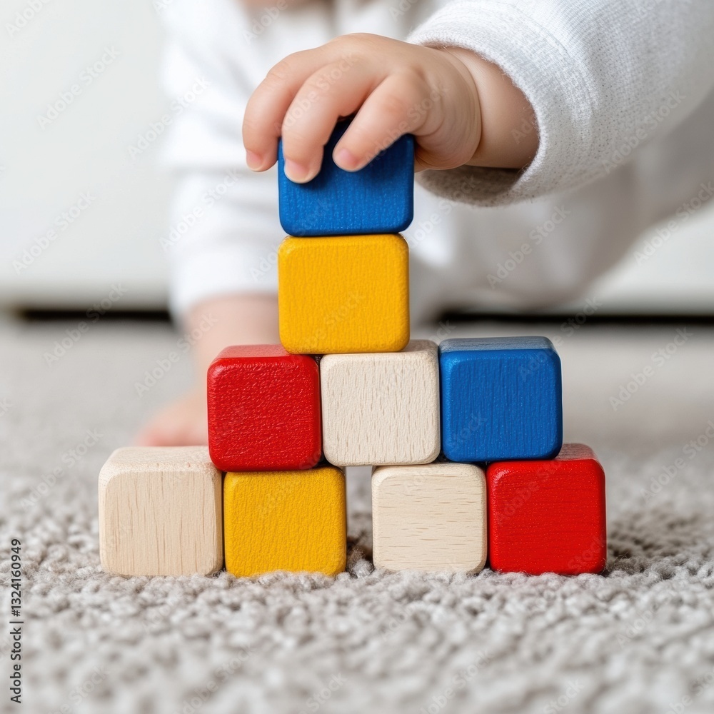 Poster neurodevelopmental play montessori-inspired toddler stacking colorful wooden blocks - cognitive skil