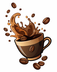 Obraz premium Dynamic Coffee Cup Splash with Spilling Beans – Isolated on White Background for Cafe & Branding Art.