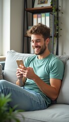 A young man with a joyful expression is sitting comfortably on a light gray couch, engrossed in his smartphone. The warm atmosphere is enhanced by natural light streaming through the window, creating