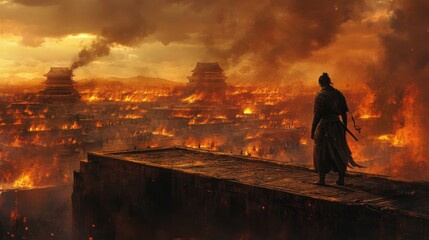 Fototapeta premium Samurai watches burning city