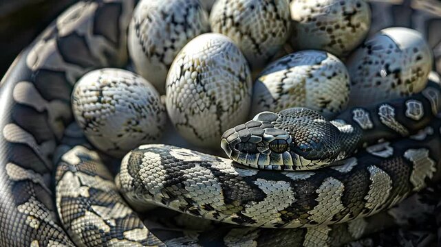 A python is seen coiling around its eggs, showcasing maternal care in a serene outdoor environment under bright sunlight