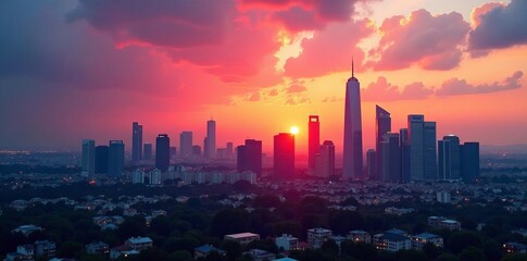 Obraz premium Cityscape skyline with various buildings and skyscrapers at sunset, modern, skyscrapers, buildings