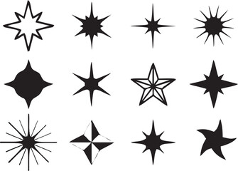 Sparkle star Black Icons on white background. blinking stars, sparks and sparkles. Shining twinkle sunburst stars. Magic light glitter flare pack for design template, poster, banner, brochure.