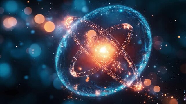 The visual illustrates fundamental concepts of quantum mechanics, showcasing qubits interacting in a state of superposition and entanglement, surrounded by glowing particles in a dark background.