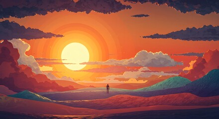 Polygonal Sunset Art: Vibrant Mountain Landscape Illustration